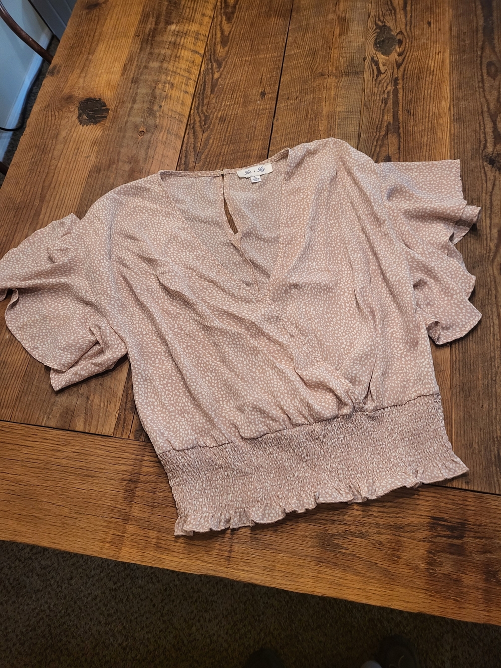 She + Sky Blush Pink Flutter Sleeve Smocked Waist Crop Top